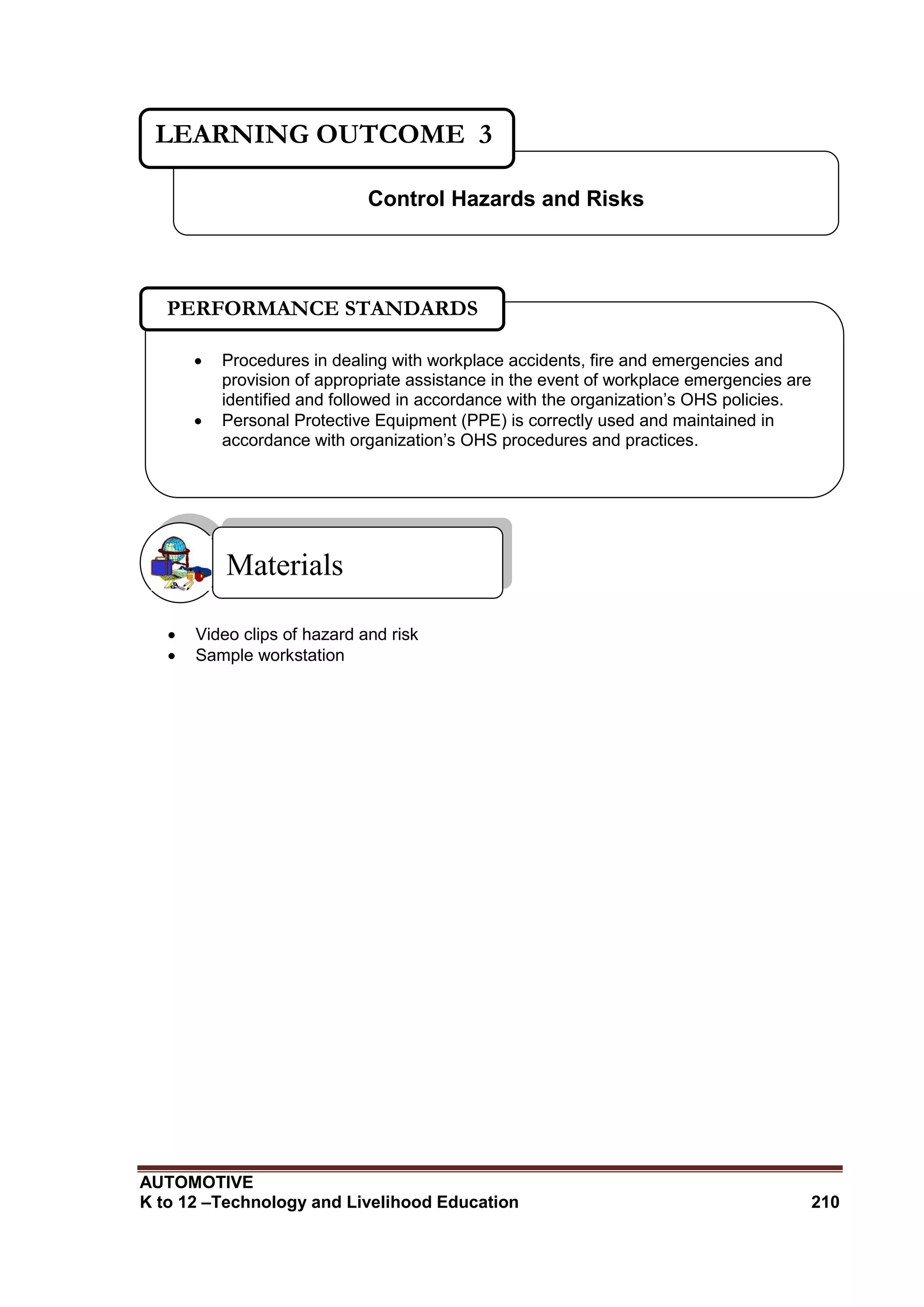 AUTOMOTIVE
K to 12 –Technology and Livelihood Education 210
 Video clips of hazard and risk
 Sample workstation
Materials
Control Hazards and Risks
LEARNING OUTCOME 3
 Procedures in dealing with workplace accidents, fire and emergencies and
provision of appropriate assistance in the event of workplace emergencies are
identified and followed in accordance with the organization’s OHS policies.
 Personal Protective Equipment (PPE) is correctly used and maintained in
accordance with organization’s OHS procedures and practices.
PERFORMANCE STANDARDS
 
