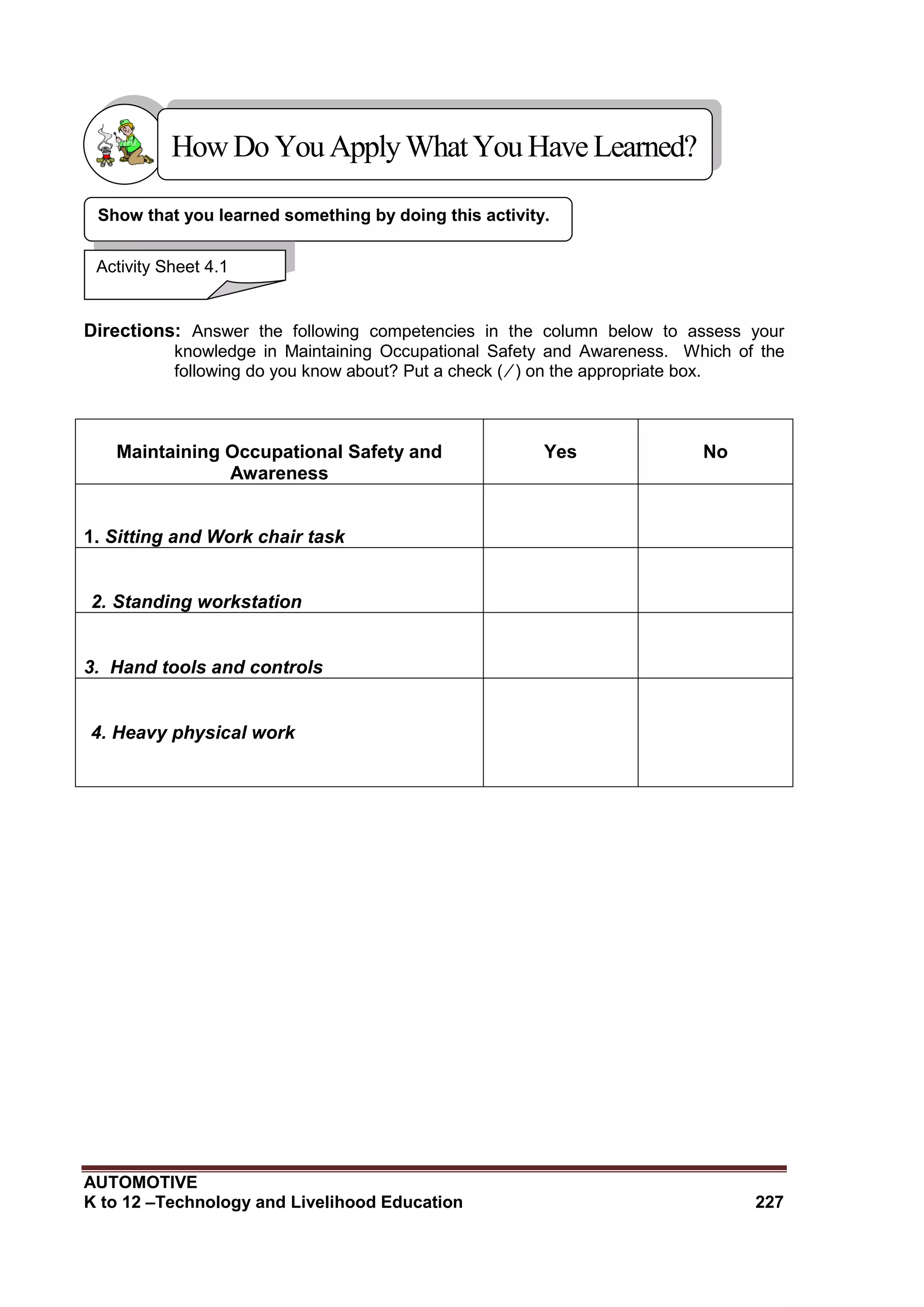 AUTOMOTIVE
K to 12 –Technology and Livelihood Education 227
Directions: Answer the following competencies in the column below to assess your
knowledge in Maintaining Occupational Safety and Awareness. Which of the
following do you know about? Put a check ( ⁄ ) on the appropriate box.
Maintaining Occupational Safety and
Awareness
Yes No
1. Sitting and Work chair task
2. Standing workstation
3. Hand tools and controls
4. Heavy physical work
Show that you learned something by doing this activity.
Activity Sheet 4.1
HowDo YouApplyWhatYou HaveLearned?
 