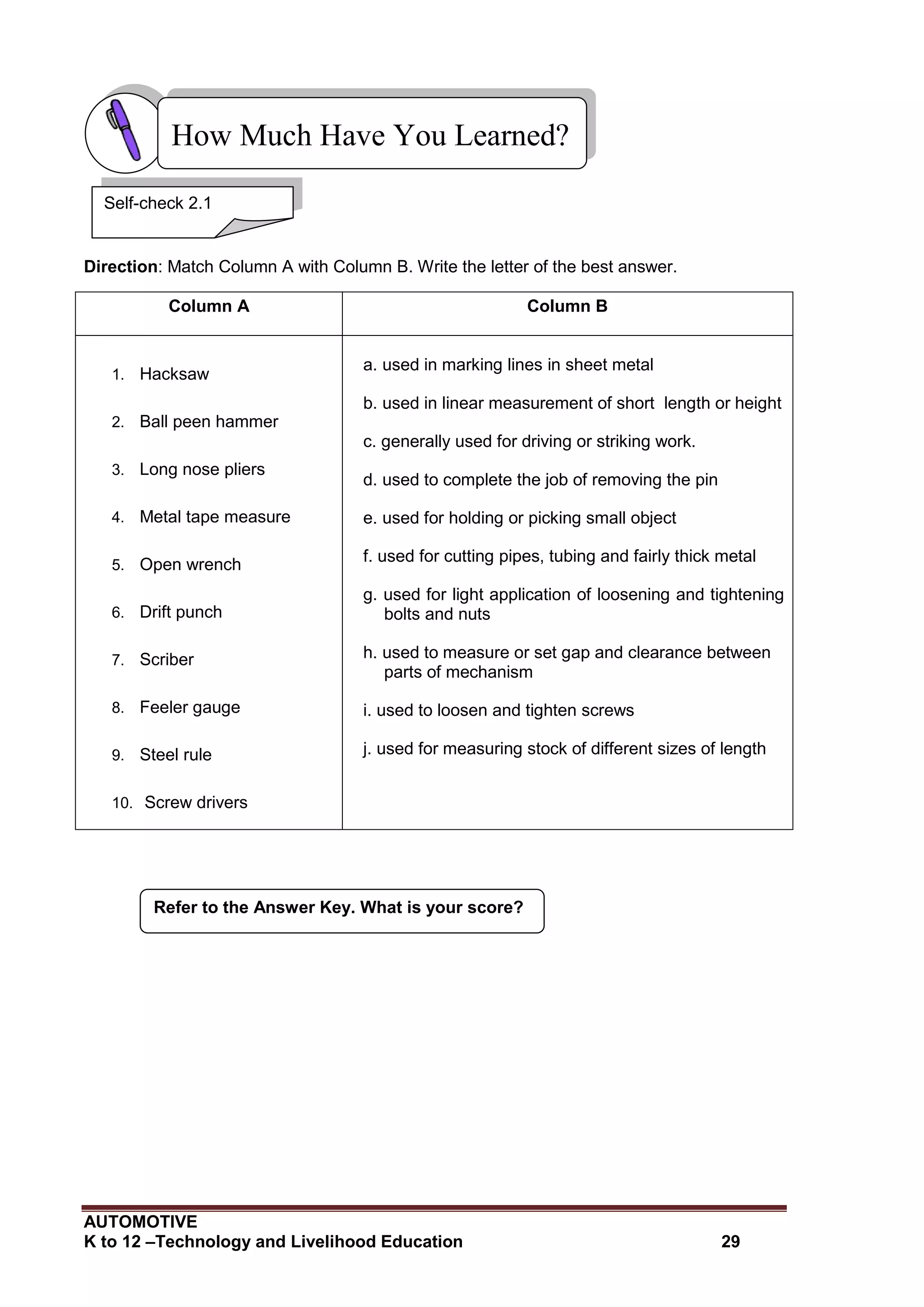 AUTOMOTIVE
K to 12 –Technology and Livelihood Education 29
How Much Have You Learned?
Direction: Match Column A with Column B. Write the letter of the best answer.
Column A Column B
1. Hacksaw
2. Ball peen hammer
3. Long nose pliers
4. Metal tape measure
5. Open wrench
6. Drift punch
7. Scriber
8. Feeler gauge
9. Steel rule
10. Screw drivers
a. used in marking lines in sheet metal
b. used in linear measurement of short length or height
c. generally used for driving or striking work.
d. used to complete the job of removing the pin
e. used for holding or picking small object
f. used for cutting pipes, tubing and fairly thick metal
g. used for light application of loosening and tightening
bolts and nuts
h. used to measure or set gap and clearance between
parts of mechanism
i. used to loosen and tighten screws
j. used for measuring stock of different sizes of length
Refer to the Answer Key. What is your score?
Self-check 2.1
 