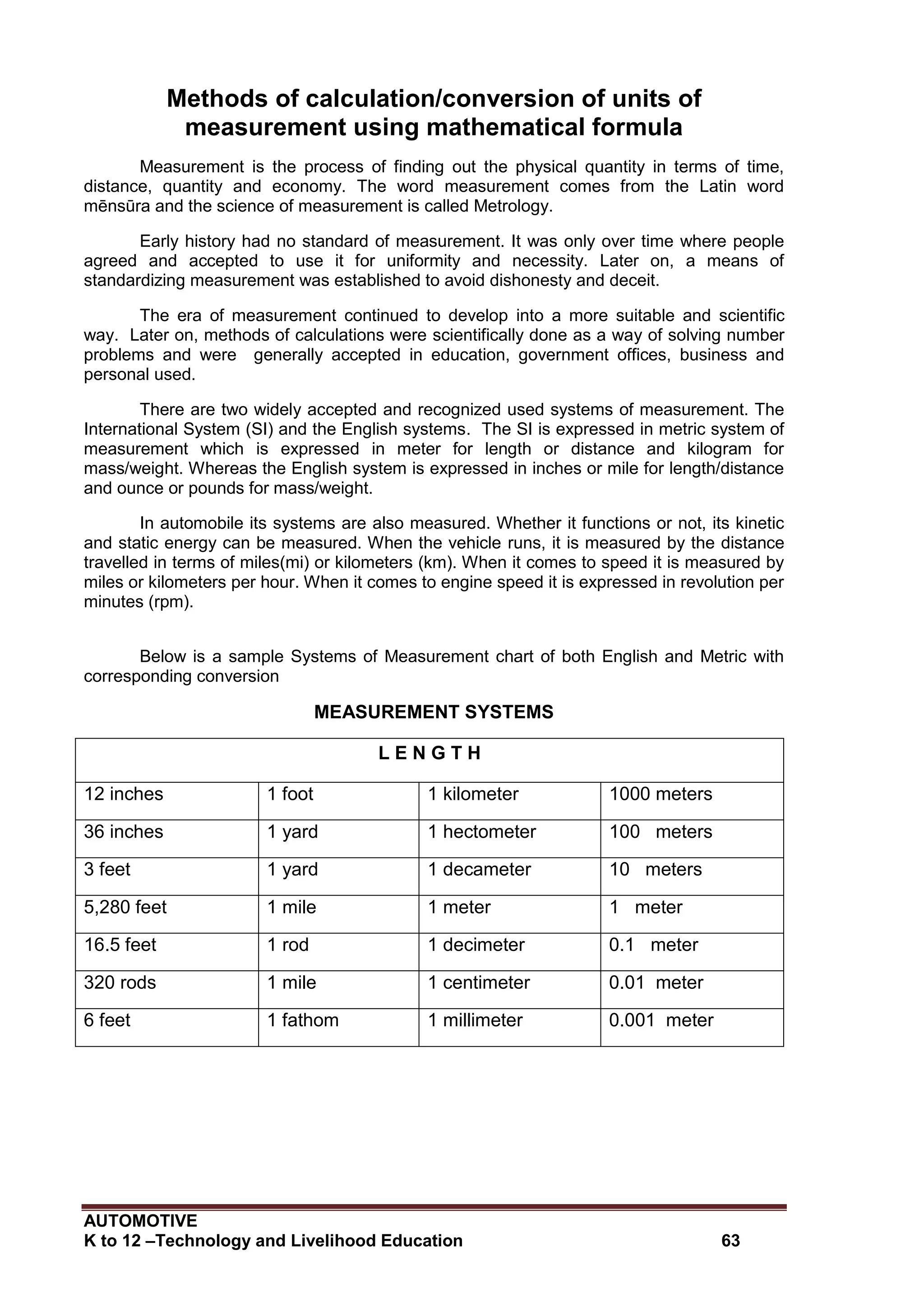 AUTOMOTIVE
K to 12 –Technology and Livelihood Education 63
Methods of calculation/conversion of units of
measurement using mathematical formula
Measurement is the process of finding out the physical quantity in terms of time,
distance, quantity and economy. The word measurement comes from the Latin word
mēnsūra and the science of measurement is called Metrology.
Early history had no standard of measurement. It was only over time where people
agreed and accepted to use it for uniformity and necessity. Later on, a means of
standardizing measurement was established to avoid dishonesty and deceit.
The era of measurement continued to develop into a more suitable and scientific
way. Later on, methods of calculations were scientifically done as a way of solving number
problems and were generally accepted in education, government offices, business and
personal used.
There are two widely accepted and recognized used systems of measurement. The
International System (SI) and the English systems. The SI is expressed in metric system of
measurement which is expressed in meter for length or distance and kilogram for
mass/weight. Whereas the English system is expressed in inches or mile for length/distance
and ounce or pounds for mass/weight.
In automobile its systems are also measured. Whether it functions or not, its kinetic
and static energy can be measured. When the vehicle runs, it is measured by the distance
travelled in terms of miles(mi) or kilometers (km). When it comes to speed it is measured by
miles or kilometers per hour. When it comes to engine speed it is expressed in revolution per
minutes (rpm).
Below is a sample Systems of Measurement chart of both English and Metric with
corresponding conversion
MEASUREMENT SYSTEMS
L E N G T H
12 inches 1 foot 1 kilometer 1000 meters
36 inches 1 yard 1 hectometer 100 meters
3 feet 1 yard 1 decameter 10 meters
5,280 feet 1 mile 1 meter 1 meter
16.5 feet 1 rod 1 decimeter 0.1 meter
320 rods 1 mile 1 centimeter 0.01 meter
6 feet 1 fathom 1 millimeter 0.001 meter
 