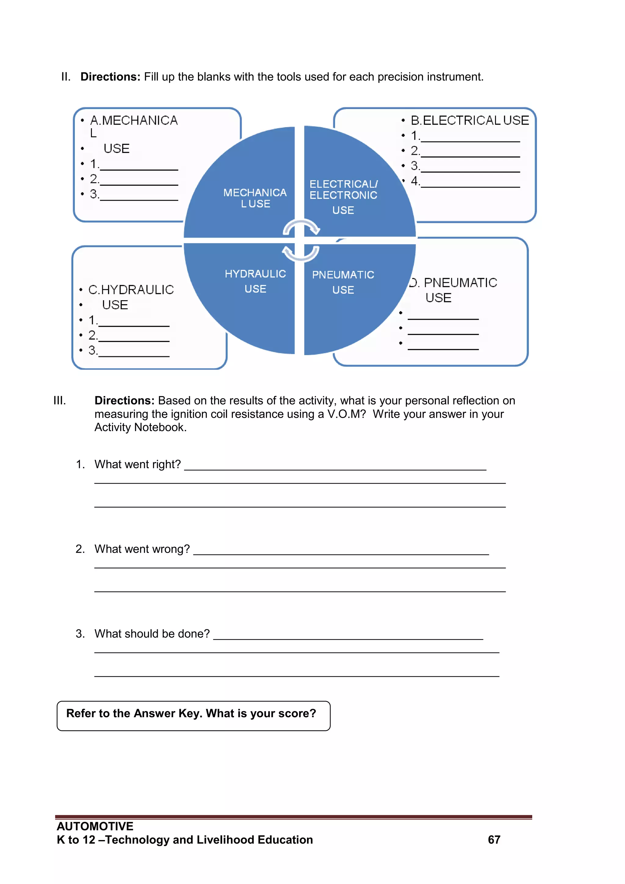 AUTOMOTIVE
K to 12 –Technology and Livelihood Education 67
II. Directions: Fill up the blanks with the tools used for each precision instrument.
III. Directions: Based on the results of the activity, what is your personal reflection on
measuring the ignition coil resistance using a V.O.M? Write your answer in your
Activity Notebook.
1. What went right? _______________________________________________
________________________________________________________________
________________________________________________________________
2. What went wrong? ______________________________________________
________________________________________________________________
________________________________________________________________
3. What should be done? __________________________________________
_______________________________________________________________
_______________________________________________________________
Refer to the Answer Key. What is your score?
 