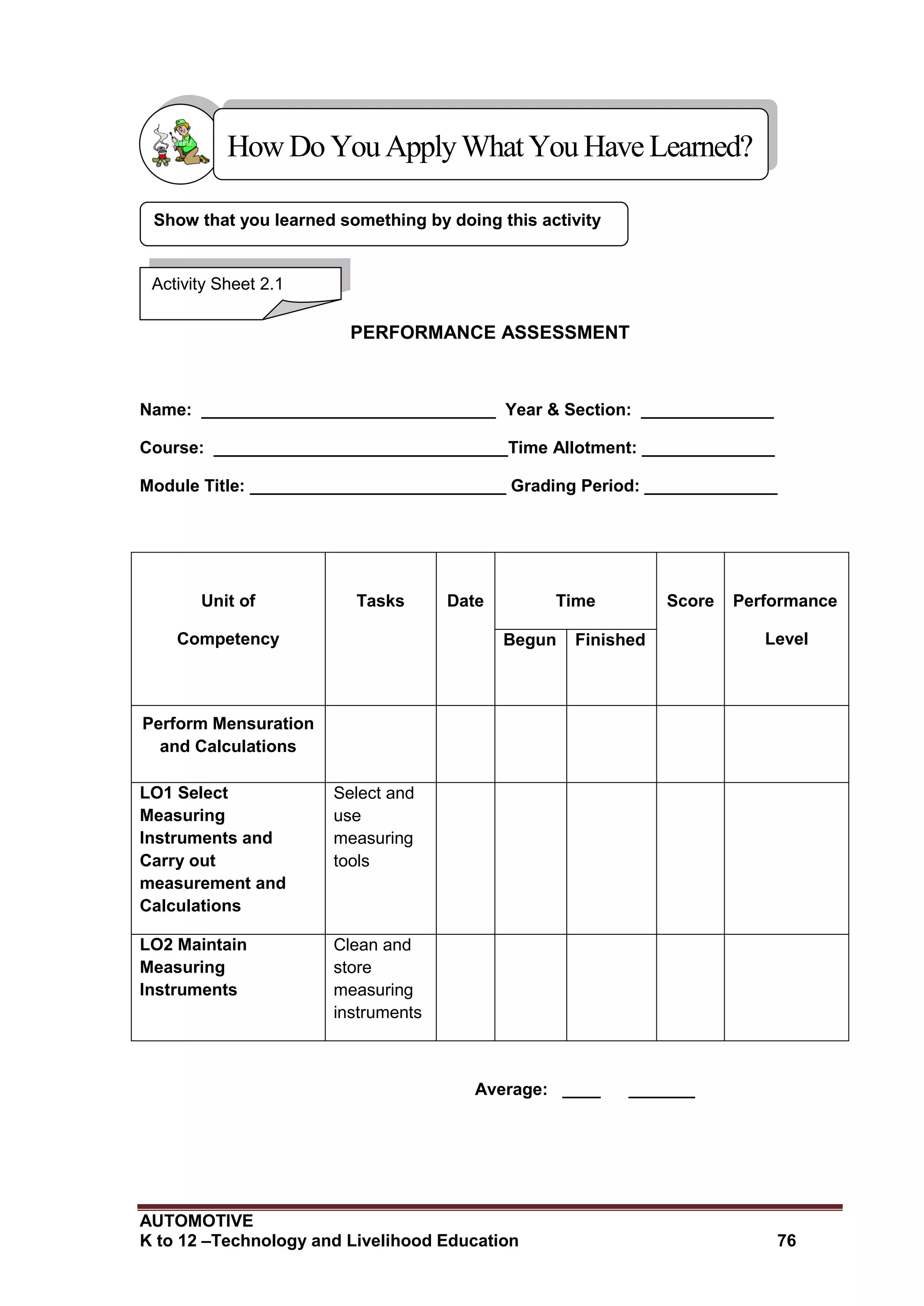 AUTOMOTIVE
K to 12 –Technology and Livelihood Education 76
PERFORMANCE ASSESSMENT
Name: _______________________________ Year & Section: ______________
Course: _______________________________Time Allotment: ______________
Module Title: ___________________________ Grading Period: ______________
Unit of
Competency
Tasks Date Time Score Performance
LevelBegun Finished
Perform Mensuration
and Calculations
LO1 Select
Measuring
Instruments and
Carry out
measurement and
Calculations
Select and
use
measuring
tools
LO2 Maintain
Measuring
Instruments
Clean and
store
measuring
instruments
Average: ____ _______
Show that you learned something by doing this activity
Activity Sheet 2.1
HowDo YouApplyWhatYou HaveLearned?
 