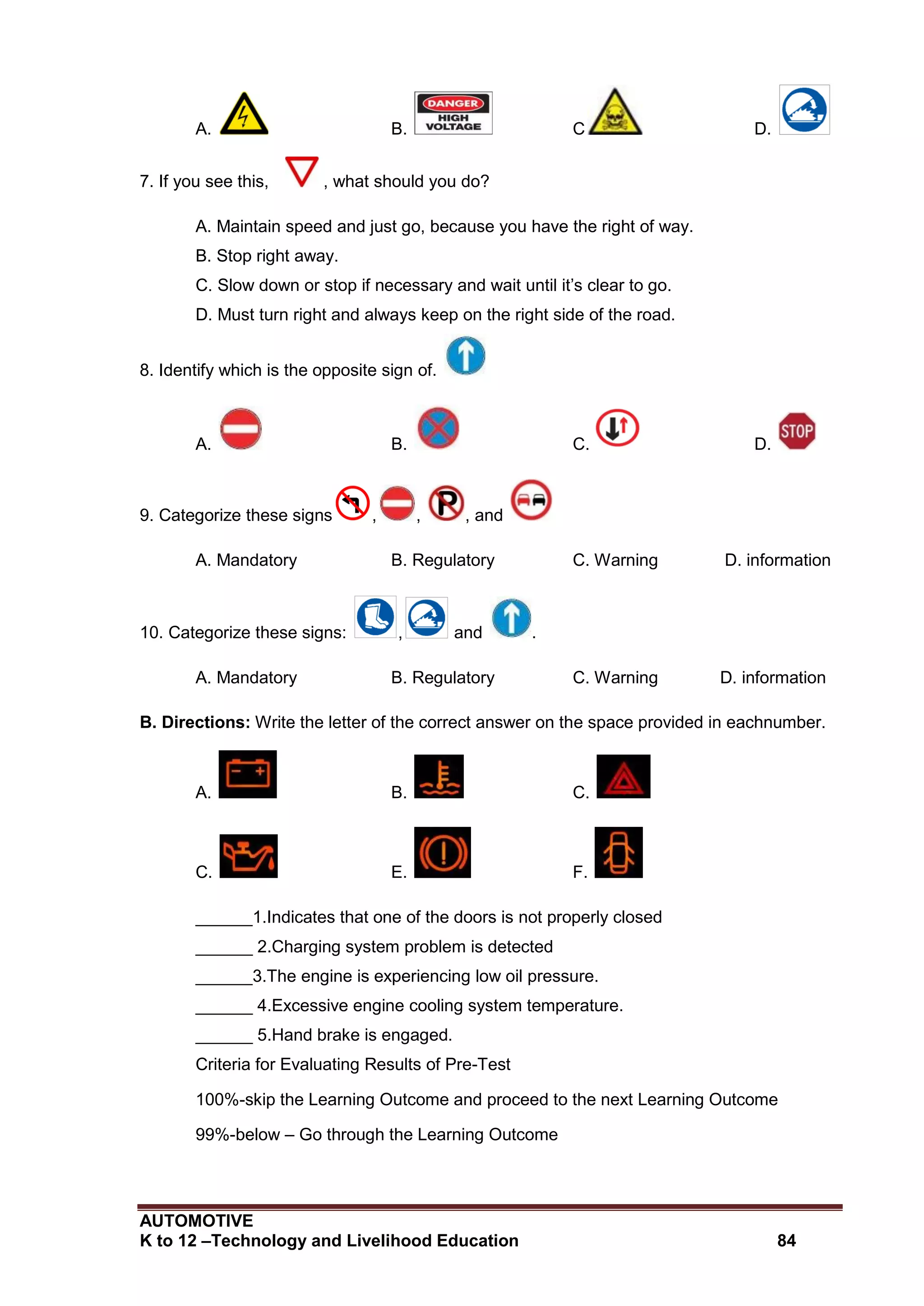 AUTOMOTIVE
K to 12 –Technology and Livelihood Education 84
A. B. C D.
7. If you see this, , what should you do?
A. Maintain speed and just go, because you have the right of way.
B. Stop right away.
C. Slow down or stop if necessary and wait until it’s clear to go.
D. Must turn right and always keep on the right side of the road.
8. Identify which is the opposite sign of.
A. B. C. D.
9. Categorize these signs , , , and
A. Mandatory B. Regulatory C. Warning D. information
10. Categorize these signs: , and .
A. Mandatory B. Regulatory C. Warning D. information
B. Directions: Write the letter of the correct answer on the space provided in eachnumber.
A. B. C.
C. E. F.
______1.Indicates that one of the doors is not properly closed
______ 2.Charging system problem is detected
______3.The engine is experiencing low oil pressure.
______ 4.Excessive engine cooling system temperature.
______ 5.Hand brake is engaged.
Criteria for Evaluating Results of Pre-Test
100%-skip the Learning Outcome and proceed to the next Learning Outcome
99%-below – Go through the Learning Outcome
 