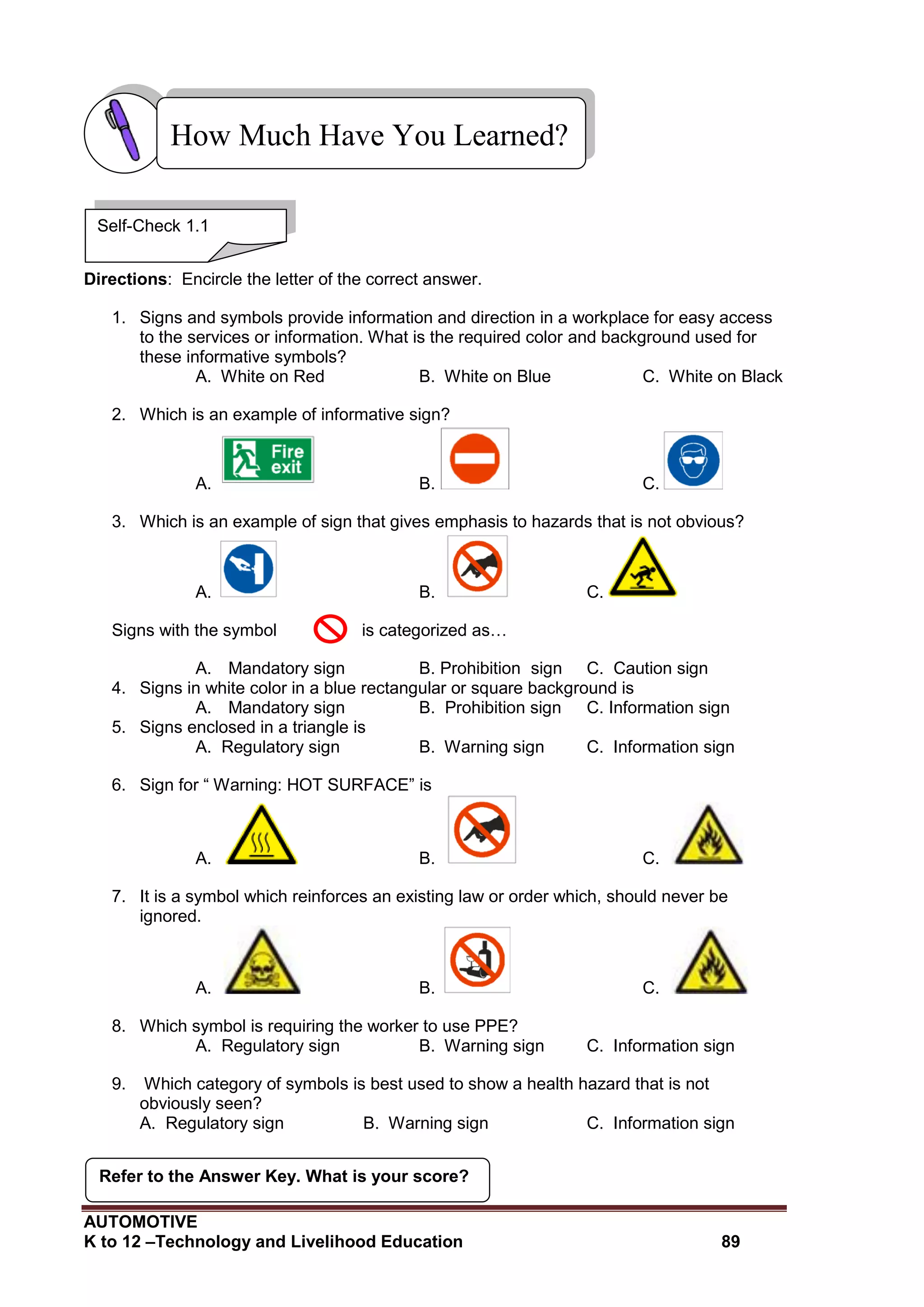 AUTOMOTIVE
K to 12 –Technology and Livelihood Education 89
Refer to the Answer Key. What is your score?
Directions: Encircle the letter of the correct answer.
1. Signs and symbols provide information and direction in a workplace for easy access
to the services or information. What is the required color and background used for
these informative symbols?
A. White on Red B. White on Blue C. White on Black
2. Which is an example of informative sign?
A. B. C.
3. Which is an example of sign that gives emphasis to hazards that is not obvious?
A. B. C.
Signs with the symbol is categorized as…
A. Mandatory sign B. Prohibition sign C. Caution sign
4. Signs in white color in a blue rectangular or square background is
A. Mandatory sign B. Prohibition sign C. Information sign
5. Signs enclosed in a triangle is
A. Regulatory sign B. Warning sign C. Information sign
6. Sign for “ Warning: HOT SURFACE” is
A. B. C.
7. It is a symbol which reinforces an existing law or order which, should never be
ignored.
A. B. C.
8. Which symbol is requiring the worker to use PPE?
A. Regulatory sign B. Warning sign C. Information sign
9. Which category of symbols is best used to show a health hazard that is not
obviously seen?
A. Regulatory sign B. Warning sign C. Information sign
How Much Have You Learned?
Self-Check 1.1
 