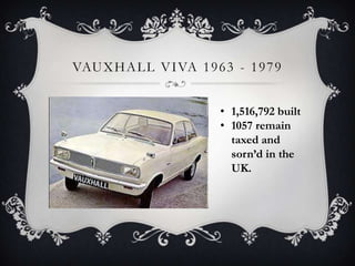 VAUXHALL VIVA 1963 - 1979
• 1,516,792 built
• 1057 remain
taxed and
sorn’d in the
UK.
 