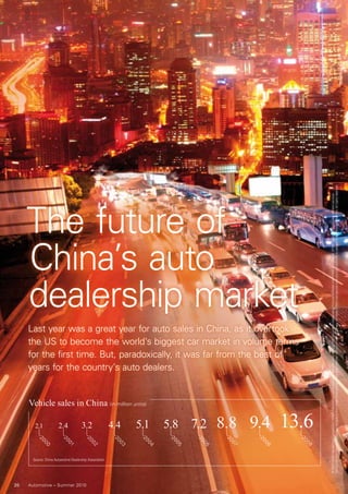 20
                                                                                               2.1
                                                                                          20
                                                                                     00




                                                                                               2.4
                                                                                          20
                                                                                     01




Automotive – Summer 2010
                                                                                               3.2
                                                                                          20
                                                                                     02




                                   Source: China Automotive Dealership Association
                                                                                               4.4
                                                                                          20
                                                                                     03




                                                                                                         Vehicle sales in China (in million units)

                                                                                               5.1
                                                                                          20
                                                                                     04




                                                                                                                                                     years for the country’s auto dealers.
                                                                                          20




                                                                                               5.8
                                                                                     05



                                                                                          20




                                                                                               7.2
                                                                                     06




                                                                                                                                                                                                                           China’s auto
                                                                                     07
                                                                                          20
                                                                                                                                                                                                                           The future of
                                                                                          20




                                                                                               8.8 9.4
                                                                                     08




                                                                                                                                                     for the first time. But, paradoxically, it was far from the best of
                                                                                                                                                     Last year was a great year for auto sales in China, as it overtook
                                                                                                                                                                                                                           dealership market
                                                                                                                                                     the US to become the world’s biggest car market in volume terms
                                                                                          20
                                                                                     09




                                                                                               13.6
                           © 2010 KPMG International Cooperative (“KPMG International”), a Swiss entity. Member firms of the KPMG network of independent firms are affiliated with KPMG International. KPMG International provides no client services.
                           No member firm has any authority to obligate or bind KPMG International or any other member firm vis-à-vis third parties, nor does KPMG International have any such authority to obligate or bind any member firm. All rights reserved.
 