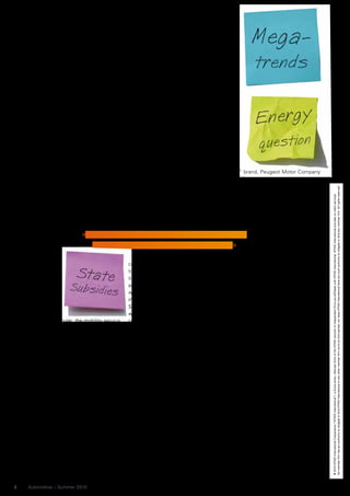 prices. Car drivers are steered                long term. Car sales today are already
    towards asking themselves: “How                driven by discounts – at least in the
    much car do I want to allow myself             mature markets. And the suppliers’
    each month?”                                   value creation and innovation share
       Mobility service providers such as          has also been growing for some
    carsharing companies have ad-                  years now. With most vehicles it has
    dressed this trend. “Carsharing and            already reached 75 percent, if not
    similar mobility concepts are becom-           more. Suppliers develop into system
    ing more influential,” says brand              providers; the step towards the com-
    expert Michael Trautmann. The im-              plete car is no longer so great.
    proved offering in rail and air travel         Magna International Inc.’s ambitions
    and public transport networks provides         with Opel proved the point here. Car
    attractive alternatives to the car – for       makers would evolve such that sup-
    specific mobility requirements at              plier relations management became a
    least. German Automotive Industry              core competency. Model and brand
    Association (VDA) President Matthias           management and sales could shift
    Wissmann emphasizes: “There is no              towards mobility service providers.
    longer any antagonism between the              Similarly, mobile phone manufactur-        “Mu” brand, Peugeot Motor Company
    car and public transport networks.             ers have lost a degree of their impor-     PLC, for example, uses authorized
    The car is still important, but net-           tance in recent years.                     dealers as pick-up and drop-off sta-




                                                                                                                                           No member firm has any authority to obligate or bind KPMG International or any other member firm vis-à-vis third parties, nor does KPMG International have any such authority to obligate or bind any member firm. All rights reserved.
    working with other transport means                With the introduction of electric       tions. This could be supplemented by




                                                                                                                                           © 2010 KPMG International Cooperative (“KPMG International”), a Swiss entity. Member firms of the KPMG network of independent firms are affiliated with KPMG International. KPMG International provides no client services.
    is also important.”                            cars the suppliers’ value creation         additional cooperation partners to guar-
       The approaching electrification of          potential increases significantly, as      antee full-coverage mobility. Mu cus-
    road traffic, in which, for example,           the electrics industry has a clear         tomers can download “mobility
    electricity suppli-                                                                                      units” on the Internet
    ers, suppliers of                                                                                        and book a convertible
    big components           »The car is still important, but networking with                                ride, a moving truck or a
    and mobile com-
                                other transport means is also important«                                     rooftop box for their
    munication                                                                                               vacations.
    operators                                                                                                   Alternatively, companies
    invest, will                                   competitive advantage over combus-         could also realign their business mod-
    increase the                                   tion engine manufacturers. Coopera-        els and brands to become mobility
    competition                                    tion projects with electricity suppliers   service providers that offer their cus-
    pressure from                                  and other infrastructure companies         tomers comprehensive solutions as
    non-automo-                                    will contest car makers’ business          globally as possible. Car production
    tive industry                                  interests. Ex-SAP Board Member             would then no longer be a core activ-
    companies.                                     Shai Agassi shows how this is done         ity. Supplying complete systems, or
    With the elec-                                 with the “Better Place” brand: The         even final assembly, could be out-
    tric car in particular, the mobility service   company provides a complete service        sourced. The new business model’s
    consisting of car use, power supply            for electro mobility. With the aid of      core element is service quality – high
    and battery change is a key decision-          sophisticated software the customer        availability, flexibility and benefit-
    making criterion. High procurement             only pays for kilometers traveled, a       oriented prices for mobility offers
    costs mean that, at first, only very           pricing model that is similar to mobile    across and beyond all modes of
    few users will choose to buy an elec-          phone contracts. And Renault pro-          transport. And since cooperation proj-
    tric car. The car therefore becomes a          vides the cars for this.                   ects are success-critical for mobility
    mobility carrier – similar to Amazon’s            To offer mobility services in addi-     offers, manufacturers could integrate
    Kindle reading device for books: it is         tion to the existing value creation, car   their existing expertise in managing
    about the content and the brand.               makers must first expand their ser-        supplier networks.
       The automotive industry’s tradi-            vice expertise. Internal financing            Car makers have practically no
    tional business model is therefore             companies and brands such as the           competition in today’s individual
    called into question at several points,        Volkswagen Bank GmbH or BANQUE             mobility brand world. They can easily
    and the manufacturers are faced with           PSA FINANCE are good examples of           transfer their brand strengths to new
    the challenge of repositioning. Should         this. Their range of offers can be         model families, or even to neighbor-
    they leave their current value creation        beefed up with carsharing, short-          ing product segments, such as bicy-
    chain untouched; should they extend            term leasing and renting, as well as       cles or car financing services. But
    them with mobility services; or must           combi packages in cooperation with         how will car brands assert them-
    they redefine their key competencies           other modes of transport. The exist-       selves in the new mobility services
    and adjust their branding policy?              ing authorized dealers could possibly      competition? They might very well
       In the first case the manufacturers’        come in as points of sale. With its        see competition from new mobility
    value creation would shrink in the             prepaid mobility offering with the         brands and from service brands in


6   Automotive – Summer 2010
 