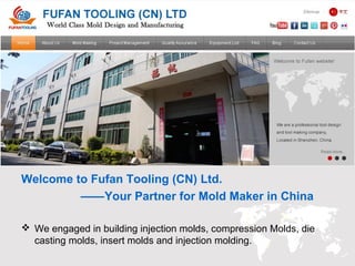 Welcome to Fufan Tooling (CN) Ltd.
——Your Partner for Mold Maker in China
 We engaged in building injection molds, compression Molds, die
casting molds, insert molds and injection molding.
 