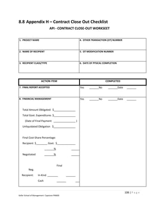 8.8 Appendix H – Contract Close Out Checklist
                                API - CONTRACT CLOSE-OUT WORKSEET


1. PROJECT NAME                                      4. OTHER TRANSACTION (OT) NUMBER



2. NAME OF RECIPIENT                                 5. OT MODIFICATION NUMBER



3. RECIPIENT CLASS/TYPE                              6. DATE OF PYSICAL COMPLETION




                       ACTION ITEM                                       COMPLETED

7. FINAL REPORT ACCEPTED                             Yes           No                Date


8. FINANCIAL MANAGEMENT                              Yes           No                Date


    Total Amount Obligated: $
    Total Govt. Expenditures $
      (Date of Final Payment                     )
    Unliquidated Obligation $


    Final Cost-Share Percentage:
    Recipient $                Govt. $
                                     %                %
    Negotiated                       %                %


                                         Final
          Neg.
   Recipient:       In-Kind
                    Cash



                                                                                            108 | P a g e
Keller School of Management- Capstone PM600
 