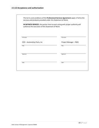 2.3.12 Acceptance and authorization



                   The terms and conditions of the Professional Services Agreement apply in full to the
                   services and products provided under this Statement of Work.

                   IN WITNESS WEREOF, the parties here to each acting with proper authority will
                   authorize the execution of this Statement of Work.




                 Full name                                             Full name



                 CEO – Automotive Parts, Inc                           Project Manager - PMO
                 Title                                                 Title




                 Signature                                             Signature




                 Date                                                  Date




                                                                                              18 | P a g e
Keller School of Management- Capstone PM600
 