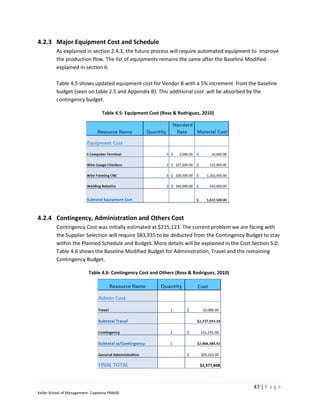 4.2.3 Major Equipment Cost and Schedule
         As explained in section 2.4.3, the future process will require automated equipment to improve
         the production flow. The list of equipments remains the same after the Baseline Modified
         explained in section 6.

         Table 4.5 shows updated equipment cost for Vendor B with a 5% increment from the baseline
         budget (seen on table 2.5 and Appendix B). This additional cost will be absorbed by the
         contingency budget.

                                  Table 4.5: Equipment Cost (Ross & Rodriguez, 2010)




4.2.4 Contingency, Administration and Others Cost
         Contingency Cost was initially estimated at $215,123. The current problem we are facing with
         the Supplier Selection will require $83,935 to be deducted from the Contingency Budget to stay
         within the Planned Schedule and Budget. More details will be explained in the Cost Section 5.0.
         Table 4.6 shows the Baseline Modified Budget for Administration, Travel and the remaining
         Contingency Budget.

                          Table 4.6: Contingency Cost and Others (Ross & Rodriguez, 2010)




                                                                                            47 | P a g e
Keller School of Management- Capstone PM600
 