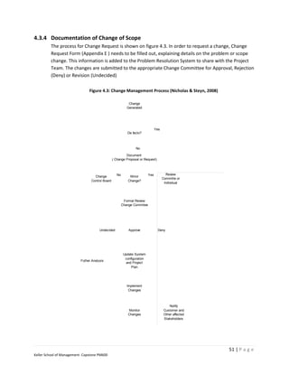 4.3.4 Documentation of Change of Scope
         The process for Change Request is shown on figure 4.3. In order to request a change, Change
         Request Form (Appendix E ) needs to be filled out, explaining details on the problem or scope
         change. This information is added to the Problem Resolution System to share with the Project
         Team. The changes are submitted to the appropriate Change Committee for Approval, Rejection
         (Deny) or Revision (Undecided)

                                Figure 4.3: Change Management Process (Nicholas & Steyn, 2008)
                                             Change Management Process FlowChart.igx

                                                             Change
                                                            Generated




                                                                                 Yes
                                                            De facto?



                                                                 No

                                                          Document
                                                 ( Change Proposal or Request)



                                                    No                     Yes           Review
                                   Change                     Minor
                                                                                       Committe or
                                 Control Board               Change?
                                                                                        Individual




                                                          Formal Review
                                                         Change Commitee




                                       Undecided             Approve               Deny




                                                          Update System
                                                           configuration
                           Futher Analysis
                                                           and Project
                                                               Plan




                                                            Implement
                                                             Changes



                                                                                           Notify
                                                             Monitor                    Customer and
                                                             Changes                    Other affected
                                                                                        Stakeholders




                                                                                                         51 | P a g e
Keller School of Management- Capstone PM600
 