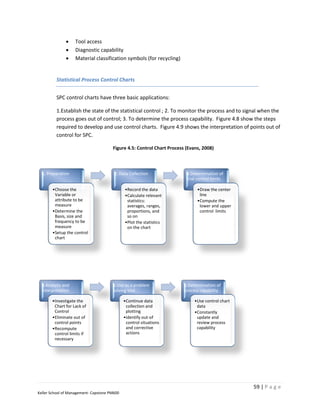     Tool access
                  Diagnostic capability
                  Material classification symbols (for recycling)


         Statistical Process Control Charts


         SPC control charts have three basic applications:

         1.Establish the state of the statistical control ; 2. To monitor the process and to signal when the
         process goes out of control; 3. To determine the process capability. Figure 4.8 show the steps
         required to develop and use control charts. Figure 4.9 shows the interpretation of points out of
         control for SPC.

                                       Figure 4.5: Control Chart Process (Evans, 2008)



  1. Preparation                        2. Data Collection               3.Determination of
                                                                         trial control limits

       •Choose the                            •Record the data                •Draw the center
        Variable or                           •Calculate relevant              line
        attribute to be                        statistics:                    •Compute the
        measure                                averages, ranges,               lower and upper
       •Determine the                          proportions, and                control limits
        Basis, size and                        so on
        frequency to be                       •Plot the statistics
        measure                                on the chart
       •Setup the control
        chart




  4.Analysis and                       5.Use as a problem               6.Determination of
  Interpretation                       solving tool                     process capability

       •Investigate the                       •Continue data                 •Use control chart
        Chart for Lack of                      collection and                 data
        Control                                plotting                      •Constantly
       •Eliminate out of                      •identify out-of                update and
        control points                         control situations             review process
       •Recompute                              and corrective                 capability
        control limits if                      actions
        necessary




                                                                                                  59 | P a g e
Keller School of Management- Capstone PM600
 