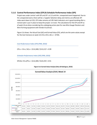 5.1.6 Control Performance Index (CPI) & Schedule Performance Index (SPI)
         Project was under control with SPI and CPI at 1.0 until the unexpected event happened. Due to
         the unexpected event, there will be a Supplier Selection delay and metrics are affected; SPI
         index went down to 0.91; CPI index remains at 0.99. Both Indicators are in good standing after a
         revision plan is put in place to keep the project on track. The calculations for the CPI and SPI as
         of week 14 are done considering the undergoing action plan for new Wire Gauge Checkers and
         Wire Forming equipment with Vendor B contract.

         Figure 5.6 shows the Actual Cost (AC) and Earned Value (EV), which are the same values except
         for the Cost Variance on week 14 ( CV14=EV14-AC14 = -$739).




         Cost Performance Index (CPI) (PMI, 2010)


         CPI14 = EV14 / AC14 = $112,400 / $113,157 = 0.99


         Schedule Performance Index (SPI) (PMI, 2010)


         SPI14v= EV14/PV14 = $112,400 / $122,259 = 0.91


                                       Figure 5.6: Earned Value Analysis (Ross & Rodriguez, 2010)




                                                                                                    66 | P a g e
Keller School of Management- Capstone PM600
 