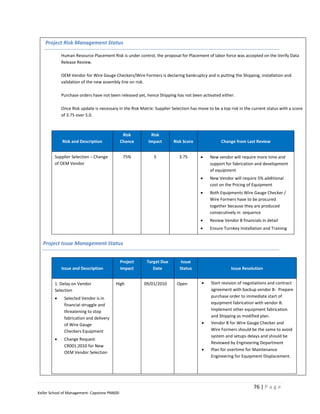 Project Risk Management Status

             Human Resource Placement Risk is under control, the proposal for Placement of labor force was accepted on the Verify Data
             Release Review.

             OEM Vendor for Wire Gauge Checkers/Wire Formers is declaring bankruptcy and is putting the Shipping, installation and
             validation of the new assembly line on risk.

             Purchase orders have not been released yet, hence Shipping has not been activated either.

             Once Risk update is necessary in the Risk Matrix: Supplier Selection has move to be a top risk in the current status with a score
             of 3.75 over 5.0.



                                               Risk         Risk
             Risk and Description             Chance       Impact        Risk Score               Change from Last Review


         Supplier Selection – Change           75%            5             3.75           New vendor will require more time and
         of OEM Vendor                                                                      support for fabrication and development
                                                                                            of equipment
                                                                                           New Vendor will require 5% additional
                                                                                            cost on the Pricing of Equipment
                                                                                           Both Equipments Wire Gauge Checker /
                                                                                            Wire Formers have to be procured
                                                                                            together because they are produced
                                                                                            consecutively in sequence
                                                                                           Review Vendor B financials in detail
                                                                                           Ensure Turnkey Installation and Training


  Project Issue Management Status


                                              Project     Target Due         Issue
             Issue and Description            Impact         Date           Status                     Issue Resolution


         1. Delay on Vendor               High           09/01/2010       Open              Start revision of negotiations and contract
         Selection                                                                           agreement with backup vendor B- Prepare
             Selected Vendor is in                                                          purchase order to immediate start of
              financial struggle and                                                         equipment fabrication with vendor B.
              threatening to stop                                                            Implement other equipment fabrication
              fabrication and delivery                                                       and Shipping as modified plan.
              of Wire Gauge                                                                 Vendor B for Wire Gauge Checker and
              Checkers Equipment                                                             Wire Formers should be the same to avoid
                                                                                             system and setups delays and should be
             Change Request
                                                                                             Reviewed by Engineering Department
              CR001.2010 for New
                                                                                            Plan for overtime for Maintenance
              OEM Vendor Selection
                                                                                             Engineering for Equipment Displacement.




                                                                                                                   76 | P a g e
Keller School of Management- Capstone PM600
 