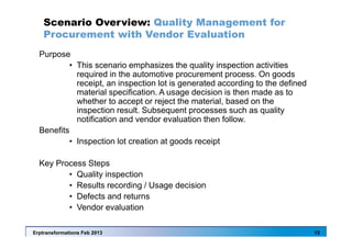Erptransformations Feb 2013 15
Scenario Overview: Quality Management for
Procurement with Vendor Evaluation
Purpose
• This scenario emphasizes the quality inspection activities
required in the automotive procurement process. On goods
receipt, an inspection lot is generated according to the defined
material specification. A usage decision is then made as to
whether to accept or reject the material, based on the
inspection result. Subsequent processes such as quality
notification and vendor evaluation then follow.
Benefits
• Inspection lot creation at goods receipt
Key Process Steps
• Quality inspection
• Results recording / Usage decision
• Defects and returns
• Vendor evaluation
 