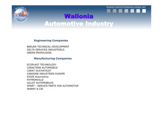 Wallonia
            Automotive Industry

    Engineering Companies

BREUER TECHNICAL DEVELOPMENT
DELTA SERVICES INDUSTRIELS
GREEN PROPULSION

    Manufacturing Companies

ECOPLAST TECHNOLOGY
CARACTERE AUTOMOBILE
CARAT DUCHATELET
CARDONE INDUSTRIES EUROPE
EXIDE Automotive
FAYMONVILLE
GILLET AUTOMOBILES
SPART - SERVICE PARTS FOR AUTOMOTIVE
WARNY & CIE
 