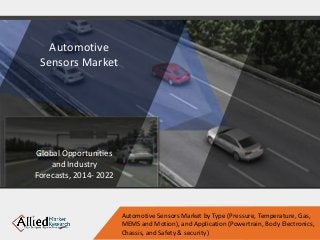 Automotive
Sensors Market
Global Opportunities
and Industry
Forecasts, 2014- 2022
Automotive Sensors Market by Type (Pressure, Temperature, Gas,
MEMS and Motion), and Application (Powertrain, Body Electronics,
Chassis, and Safety & security)
 