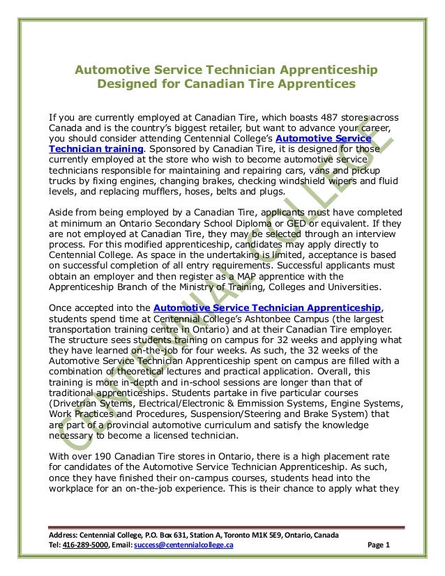 Automotive service technician apprenticeship designed for canadian tire apprentices
