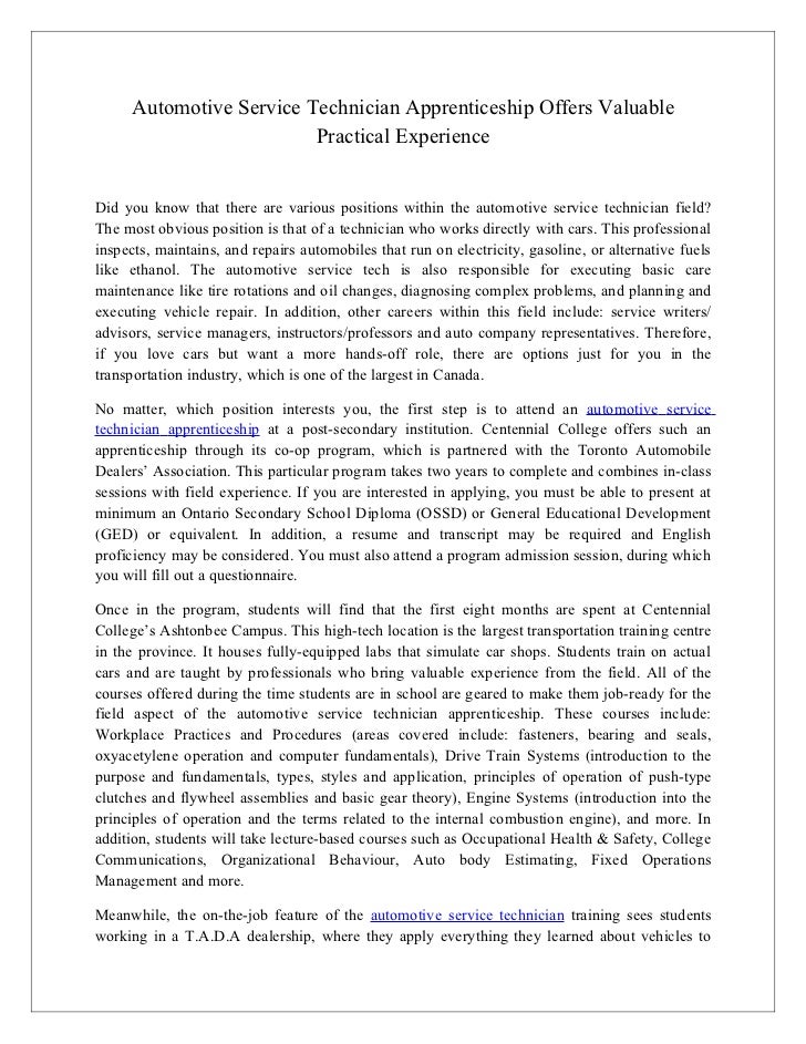 Automotive Service Technician Apprenticeship Offers Valuable Practical