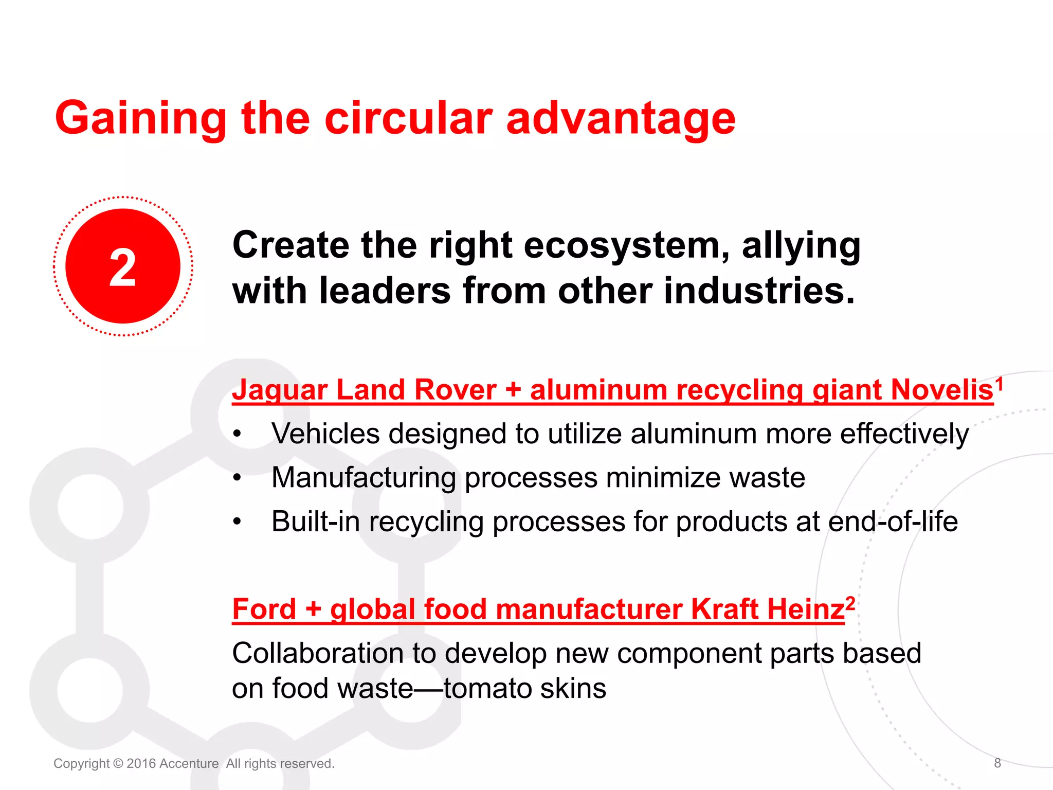 8Copyright © 2016 Accenture All rights reserved.
Gaining the circular advantage
Create the right ecosystem, allying
with leaders from other industries.
Jaguar Land Rover + aluminum recycling giant Novelis1
• Vehicles designed to utilize aluminum more effectively
• Manufacturing processes minimize waste
• Built-in recycling processes for products at end-of-life
Ford + global food manufacturer Kraft Heinz2
Collaboration to develop new component parts based
on food waste—tomato skins
2
 