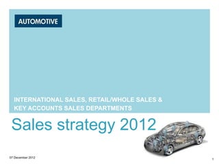 INTERNATIONAL SALES, RETAIL/WHOLE SALES &
  KEY ACCOUNTS SALES DEPARTMENTS


 Sales strategy 2012
07 December 2012
                                              07/12/2011   1
 