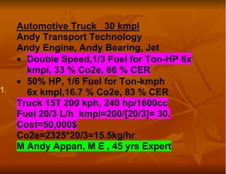 Automotive Truck 30 kmpl
     Andy Transport Technology
     Andy Engine, Andy Bearing, Jet
     • Double Speed,1/3 Fuel for Ton-HP 6x
       kmpl, 33 % Co2e, 66 % CER
     • 50% HP, 1/6 Fuel for Ton-kmph
1.     6x kmpl,16.7 % Co2e, 83 % CER
     Truck 15T 200 kph, 240 hp/1600cc
     Fuel 20/3 L/h kmpl=200/[20/3]= 30.
     Cost=50,000$
     Co2e=2325*20/3=15.5kg/hr
     M Andy Appan, M E , 45 yrs Expert
 