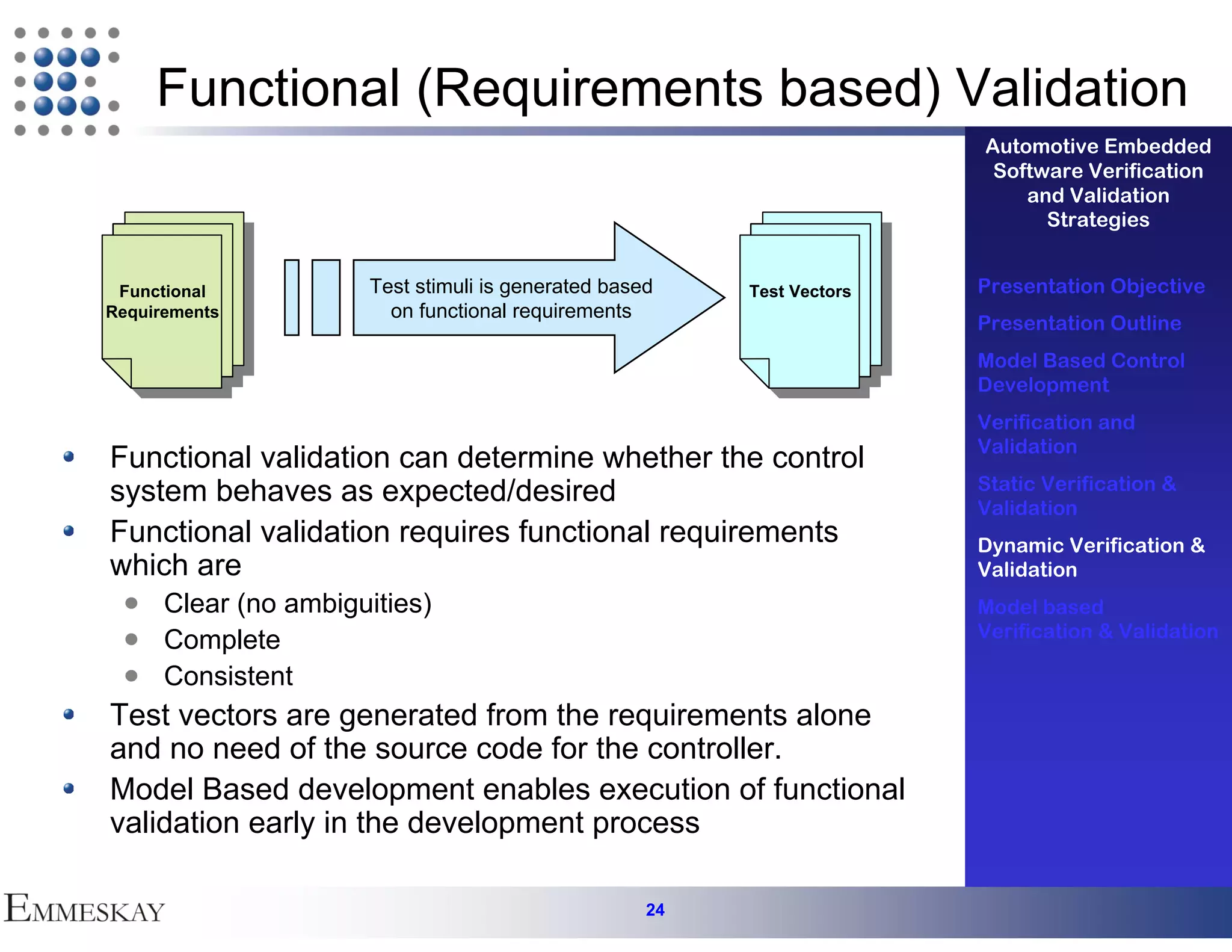 Functional (Requirements based) Validation
                                                                        Automotive Embedded
                                                                         Software Verification
                                                                            and Validation
                                                                              Strategies


 Functional           Test stimuli is generated based    Test Vectors   Presentation Objective
Requirements            on functional requirements
                                                                        Presentation Outline
                                                                        Model Based Control
                                                                        Development
                                                                        Verification and
                                                                        Validation
Functional validation can determine whether the control
system behaves as expected/desired                                      Static Verification &
                                                                        Validation
Functional validation requires functional requirements                  Dynamic Verification &
which are                                                               Validation
      Clear (no ambiguities)                                            Model based
                                                                        Verification & Validation
      Complete
      Consistent
Test vectors are generated from the requirements alone
and no need of the source code for the controller.
Model Based development enables execution of functional
validation early in the development process

                                                    24
 