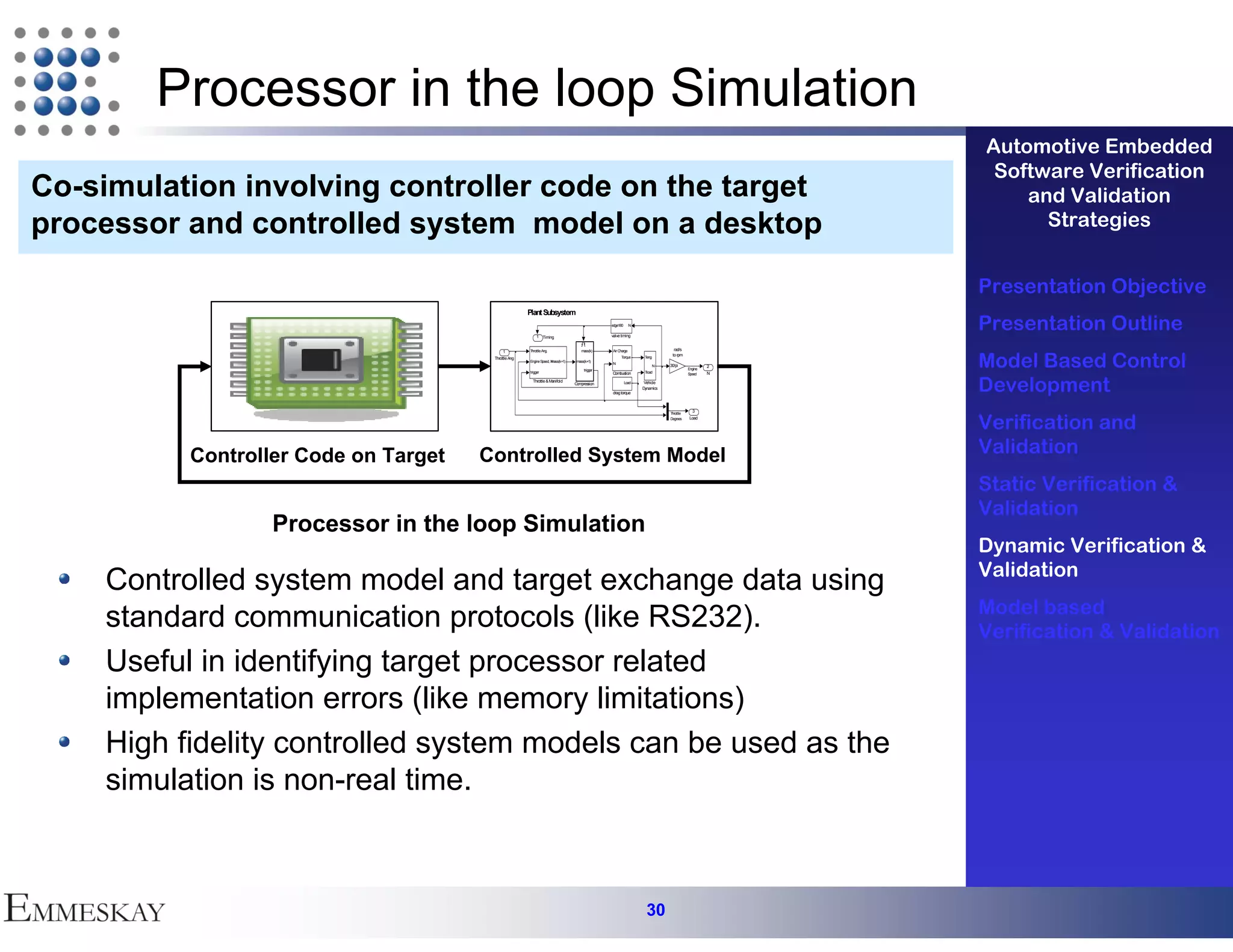 Processor in the loop Simulation
                                                                                                                                                     Automotive Embedded
                                                                                                                                                      Software Verification
Co-simulation involving controller code on the target                                                                                                    and Validation
processor and controlled system model on a desktop                                                                                                         Strategies


                                                                                                                                                     Presentation Objective
                                                      Plant Subsystem


                                                          1 Timing
                                                                                               edge180

                                                                                               valve timing
                                                                                                             N
                                                                                                                                                     Presentation Outline
                                                                                                                               rad/s


                                                                                                                                                     Model Based Control
                                            1         Throttle Ang.                 mass(k)     Air Charge
                                                                                                                              to rpm
                                       Throttle Ang                                                  Torque       Teng
                                                      Engine Speed, N
                                                                    mass(k+1)    mass(k+1)
                                                                                                N
                                                                                                                         N   30/pi               2
                                                                                     trigger                                            Engine
                                                      trigger                                  Combustion         Tload                 Speed    N
                                                        Throttle & Manifold
                                                                                Compression              Load

                                                                                                drag torque
                                                                                                                  Vehicle
                                                                                                                 Dynamics                            Development
                                                                                                                                          3


                                                                                                                                                     Verification and
                                                                                                                             Throttle
                                                                                                                             Degrees     Load




          Controller Code on Target   Controlled System Model                                                                                        Validation
                                                                                                                                                     Static Verification &
                                                                                                                                                     Validation
                  Processor in the loop Simulation
                                                                                                                                                     Dynamic Verification &
                                                                                                                                                     Validation
    Controlled system model and target exchange data using
                                                                                                                                                     Model based
    standard communication protocols (like RS232).                                                                                                   Verification & Validation
    Useful in identifying target processor related
    implementation errors (like memory limitations)
    High fidelity controlled system models can be used as the
    simulation is non-real time.



                                                                                                                   30
 
