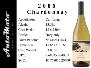 2006 Chardonnay Appellation: California Alcohol: 13.5% Case Pack: 12 x 750ml Bottle: Burgundy Pallet Pattern: 56 cases (14x4) Bottle Size 11.657 x 3.168 Case Weight 33.0 lbs UPC: 7 68035 20400 7 SCC: 10 768035 204004 