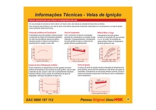 SAC 0800 197 112
Informações Técnicas - Velas de Ignição
Fatores operacionais que influem na temperatura da vela
Em uma produção de veículos em série e até em um mesmo motor, são naturais as variações térmicas entre os cilindros.
Para compensar esse fenômeno e em vista de vários outros fatores operacionais diretamente relacionados com sua temperatura, as velas de ignição
devem apresentar ampla faixa térmica.
39
Mistura ar/combustível
Temperatura
da
vela
12 13 14
700
800
900
ºC
Taxa de Compressão
Com o acréscimo na taxa de compressão,
aumenta-se a temperatura e a pressão do gás
inflamado. Consequentemente, a temperatura
da ponta ignífera se eleva e a faixa de pré-
ignição decresce gradativamente.
Ponto de Ignição
O avanço do ponto de ignição resulta na elevação da temperatura da
ponta ignífera, porque esta fica exposta por mais tempo aos gases da
combustão. A temperatura da pré-ignição também aumenta, porque a
mistura ar/combustível passa para uma faixa de menor compressão e
menor temperatura.
RPM do Motor e Carga
A temperatura da ponta ignífera
aumenta na proporção em que aumenta
o r.p.m. do motor. As condições de
carga também influem na temperatura
da ponta ignífera da vela.
Fixação da Vela e Refrigeração do Motor
Torque insuficiente ou esquecimento do anel (gaxeta) provocam
aumento de temperatura não somente na ponta ignífera, mas em toda
a extensão da vela, porque o calor não é suficientemente dissipado.
Fenômeno idêntico ocorre quando há insuficiência de água de
refrigeração, obstrução das galerias de água, etc.
Proporção da Mistura Ar/Combustível
A temperatura da ponta ignífera é máxima quando
a proporção da mistura ar/combustível apresenta
um valor que dá potência máxima de saída e
decresce quando a mistura é enriquecida ou
empobrecida em relação a esse valor.
Região
de pré-ignição
Taxa de compressão
Temperatura
da
vela
6 7 8
800
900
1000
ºC
Região
de pré-ignição
Avanço especificado (grau)
Temperatura
da
vela
10
900
1000
ºC
C
a
r
g
a
v
e
i
cular de estrada
Carga total
Rotação do motor (r.p.m.)
Temperatura
da
vela
5000
500
700
ºC
900
300 600
1000
1400
°F
2000 3500
Sem
carga
Torque
Temperatura
da
vela
2.5
900
950
ºC
1000
1
750
1800
°F
1.5
1
700
Kg-m
(10.8) (27.1)
lb-pés
 
