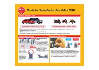 Revisão / Instalação das Velas NGK
Referência de Revisão / Troca
NOTA: Seguir a recomendação de revisão das velas de ignição significa não sobrecarregar o sistema de ignição do motor, obtendo como
consequencia economia de combustível.
OBS.: Consultar o manual do veículo com orientação do fabricante.
A durabilidade irá depender do tipo da vela, do combustível utilizado, das condições de uso e do sistema de ignição do veículo.
Recomendação de Revisão: 1 ano ou 10.000 km Recomendação de Revisão: 6 meses ou 3.000 km
Instalação da vela de ignição
CURTA COMPRIDA
Sedimentação
de Resíduos
Eletrodo lateral superaquece ou
encosta no pistão ou na válvula
CERTA
Sedimentação
de Resíduos
Instalação da vela de ignição
Como escolher a Vela de
Ignição:
A escolha da vela de ignição
deve ser feita de acordo com
o comprimento da rosca do
cabeçote e deve seguir sempre
as especificações do fabricante
do motor ou o catálogo de
aplicação NGK atualizado,
lembrando que a não
observância desse item poderá
causar danos ao motor.
ASSENTO
PLANO
Com
gaxeta
Sem
gaxeta
ASSENTO
CÔNICO
Aperte a vela de ignição com a mão até que a gaxeta encoste no
cabeçote. Em seguida, aperte com a chave de vela adequada aplicando
o torque especificado na tabela. A falta de aperto pode causar a pré-
ignição, porque não há dissipação de calor. Por outro lado, o aperto
excessivo pode danificar a rosca do cabeçote e da vela de ignição.
Obs.: Instalar a vela de ignição, de preferencia com o motor frio.
Folga
Ajuste da Folga
Ajustar a folga dos
eletrodos de acordo
com o manual do
proprietário do
fabricante do motor
ou pelo catálogo
de aplicação NGK
atualizado.
 