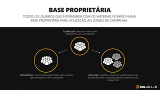 BASE PROPRIETÁRIA
TODOS OS USUÁRIOS QUE INTERAGIREM COM OS MATERIAIS FICARÃO NUMA
BASE PROPRIETÁRIA PARA UTILIZAÇÃO AO LONGO DA CAMPANHA.
Cookie pool: base de usuários que
interagiram com a campanha
Look a like: amplificar a base de usuários potenciais
através de perfis comportamentais similares aos do
Cookie Pool
Remarketing: comunicação segmentada para usuários
que interagiram com a campanha
 