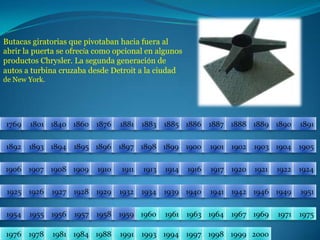 Butacas giratorias que pivotaban hacia fuera al abrir la puerta se ofrecía como opcional en algunos productos Chrysler. La segunda generación de autos a turbina cruzaba desde Detroit a la ciudad de New York.18811876186017691801184018861885188318901889188818871891189418931892190219001901189518961897189819041903189919051906191319111910190919081907191719211920191419241922191619251926195119491946194219411940193919341932192919281927195519541957195619581975197119691967196419631961196019591976197819811984198819911993199419972000199919981769