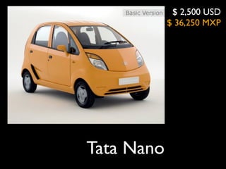 $ 2,500 USD
            $ 36,250 MXP




Tata Nano
 