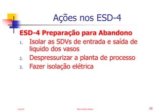 2-mai-23 Marco Antonio Ribeiro 29
ESD-4 Preparação para Abandono
1. Isolar as SDVs de entrada e saída de
liquido dos vasos
2. Despressurizar a planta de processo
3. Fazer isolação elétrica
Ações nos ESD-4
 