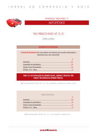 J O R N A L D O C O M M E R C I O • 2 0 1 3
Almanaque Publicitário JC
automóveis
PARA 72% DA POPULAÇÃO DO GRANDE RECIFE, JORNAIS E REVISTAS TÊM
FORÇA E INFLUÊNCIA NA OPINIÃO PÚBLICA.
ASSUNTOS DE INTERESSE
Fonte: Estudos Marplan/EGM | JAN a DEZ / 2012 | 13 e + anos | Grande Recife | Líquida todos os dias - Impresso + Internet
O Jornal do Commercio tem mais leitores com interesse por assuntos relacionados a
automóveis que o seu concorrente.
	 JC
Automóveis	 287
Competições de automobilismo	 178
Tunning / Carros Personalizados	 156
Off Road / 4 X 4 / Motos	 93
	 JC
Automóveis	 109
Competições de automobilismo	 59
Tunning / Carros Personalizados	 61
Off Road / 4 X 4 / Motos	 34
SEU PÚBLICO-ALVO LÊ O JC
EM MIL LEITORES
Fonte: Estudos Marplan/EGM | JAN a DEZ / 2012 | 13 e + anos | Grande Recife | Líquida todos os dias
Leitores Exclusivos
 
