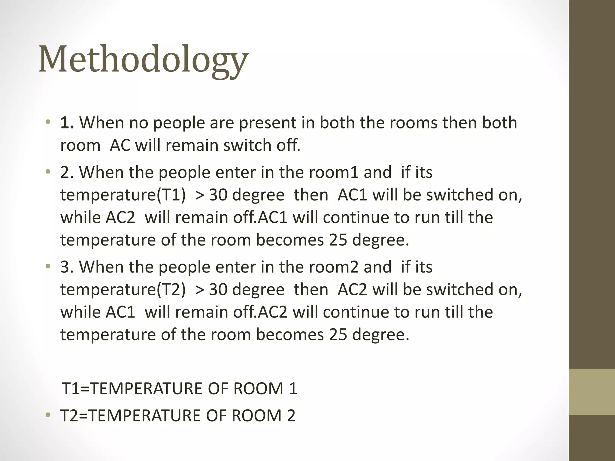 Methodology
• 1. When no people are present in both the rooms then both
room AC will remain switch off.
• 2. When the people enter in the room1 and if its
temperature(T1) > 30 degree then AC1 will be switched on,
while AC2 will remain off.AC1 will continue to run till the
temperature of the room becomes 25 degree.
• 3. When the people enter in the room2 and if its
temperature(T2) > 30 degree then AC2 will be switched on,
while AC1 will remain off.AC2 will continue to run till the
temperature of the room becomes 25 degree.
T1=TEMPERATURE OF ROOM 1
• T2=TEMPERATURE OF ROOM 2
 