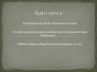 Ford shares top $16 for first time in 6 years
Chrysler expected to post smallest loss in 3rd quarter since
bankruptcy
BMW to begin selling first hybrid supercar in 2013
 
