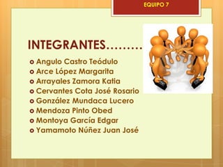 EQUIPO 7




INTEGRANTES……….
 Angulo Castro Teódulo
 Arce López Margarita
 Arrayales Zamora Katia
 Cervantes Cota José Rosario
 González Mundaca Lucero
 Mendoza Pinto Obed
 Montoya García Edgar
 Yamamoto Núñez Juan José
 