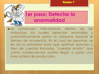 Equipo 7




         1er paso: Detectar la
             anormalidad
 se   construyen mecanismos dentro de las
 máquinas, los cuales detectan anomalías y
 automáticamente paran la máquina durante el
 tiempo de ocurrencia. En el caso de personas, se
 les da la autoridad para que opriman botones o
 tiren de cuerdas llamadas “cuerdas andón” que
 como consecuencia podría llegar a parar una
 línea entera de producción.
 