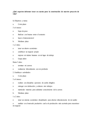 ¿Qué aspectos debemos tener en cuenta para la construcción de nuestro proyecto de
vida?
1. Objetivos y metas
a. Corto plazo
3 a 6 meses:
o bajar de peso
o finalizar con buenas notas el semestre
o hacer el intersemestral
b. Mediano plazo
1 a 2 años:
o tener un ahorro económico
o establecer un negocio propio
o mejorar mi talento humano en mi lugar de trabajo
c. Largo plazo
Hasta 5 años:
o terminar mi carrera
o realizarme laboralmente con mi profesión
2. Establecer actividades:
a. Corto plazo
3 a 6 meses:
o realizar con disciplina ejercicios de cardio dirigidos
o entregar con dedicación y esfuerzo mis trabajos
o matricular materias para adelantar conocimiento de la carrera
b. Mediano plazo
1 a 2 años:
o tener un sistema económico disciplinado para ahorrar eficientemente de mi sueldo
o analizar en el mercado productivo cual es la producción más acertada para encaminar
mi negocio
 