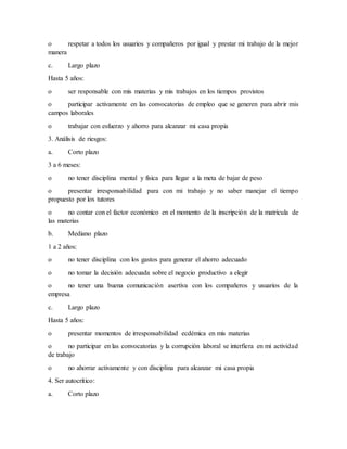 o respetar a todos los usuarios y compañeros por igual y prestar mi trabajo de la mejor
manera
c. Largo plazo
Hasta 5 años:
o ser responsable con mis materias y mis trabajos en los tiempos provistos
o participar activamente en las convocatorias de empleo que se generen para abrir mis
campos laborales
o trabajar con esfuerzo y ahorro para alcanzar mi casa propia
3. Análisis de riesgos:
a. Corto plazo
3 a 6 meses:
o no tener disciplina mental y física para llegar a la meta de bajar de peso
o presentar irresponsabilidad para con mi trabajo y no saber manejar el tiempo
propuesto por los tutores
o no contar con el factor económico en el momento de la inscripción de la matricula de
las materias
b. Mediano plazo
1 a 2 años:
o no tener disciplina con los gastos para generar el ahorro adecuado
o no tomar la decisión adecuada sobre el negocio productivo a elegir
o no tener una buena comunicación asertiva con los compañeros y usuarios de la
empresa
c. Largo plazo
Hasta 5 años:
o presentar momentos de irresponsabilidad ecdémica en mis materias
o no participar en las convocatorias y la corrupción laboral se interfiera en mi actividad
de trabajo
o no ahorrar activamente y con disciplina para alcanzar mi casa propia
4. Ser autocrítico:
a. Corto plazo
 