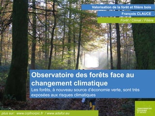 Valorisation de la forêt et filière bois
François CLAUCE
Forêt / Climat / Filière

Observatoire des forêts face au
changement climatique
Les forêts, à nouveau source d’économie verte, sont très
exposées aux risques climatiques

plus sur: www.crpfnorpic.fr / www.adafor.eu

 