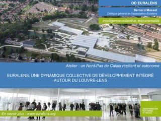 OD EURALENS
Bernard Masset
Délégué général de l’association Euralens

intelligence collective, transversalité

Atelier : un Nord-Pas de Calais résilient et autonome
EURALENS, UNE DYNAMIQUE COLLECTIVE DE DÉVELOPPEMENT INTÉGRÉ
AUTOUR DU LOUVRE-LENS

En savoir plus : www.euralens.org

 