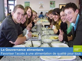 Intitulé de l'OD…
Nom du présentateur…
Mots-clés (2-3 max)
Cliquer sur sur l'icône ci-dessous pour insérer une image
générique qui présente votre

action/projet/initiative au sein de l'OD...
Choisissez l'image la plus caractéristique, reconnaissable
pour faire la couverture de votre présentation et insérez-la
en plein format…

La Gouvernance alimentaire
Favoriser l’accès à une alimentation de qualité pour tous
plus sur: insérez ici un lien vers l'action/projet/initiative…

 