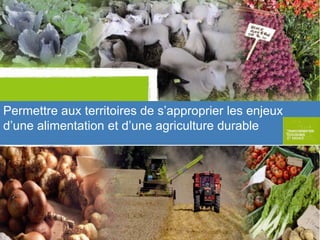 Cliquez sur l'icône ci-dessous pour insérer une ou
plusieurs images montrant un exemple de votre
action/projet/initiative…
Un cas précis, un exemple concret et emblématique
illustrant le concept de la diapositive précédente…

Permettre aux territoires de s’approprier les enjeux
d’une alimentation et d’une agriculture durable

 