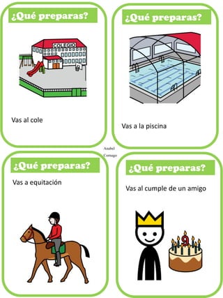 ¿Qué preparas?
Anabel
Cornago
Vas al cole
Vas a la piscina
Vas a equitación
Vas al cumple de un amigo
 