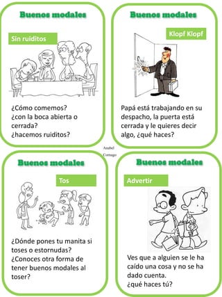 Sin ruiditos
Klopf Klopf
Tos
¿Dónde pones tu manita si
toses o estornudas?
¿Conoces otra forma de
tener buenos modales al
toser?
Advertir
Ves que a alguien se le ha
caído una cosa y no se ha
dado cuenta.
¿qué haces tú?
¿Cómo comemos?
¿con la boca abierta o
cerrada?
¿hacemos ruiditos?
Papá está trabajando en su
despacho, la puerta está
cerrada y le quieres decir
algo, ¿qué haces?
Anabel
Cornago
 