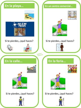 En la playa… 
Si te pierdes, ¿qué haces? 
En un centro comercial… 
En la feria… 
Si te pierdes, ¿qué haces? 
En la calle… 
Si te pierdes, ¿qué haces? 
Si te pierdes, ¿qué haces?  